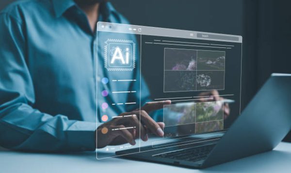 immagine IA AI image creation technology. Man use AI software on a laptop to generate images, showcasing a futuristic user interface. screen with visual prompt. Image generated by artificial intelligence. photo,